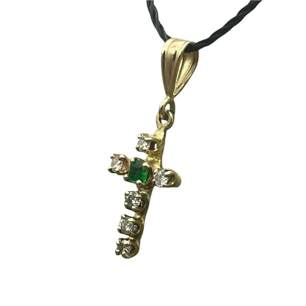 14K Yellow Gold Diamond & Green Stone Mini Cross Charm Pendant (26421)